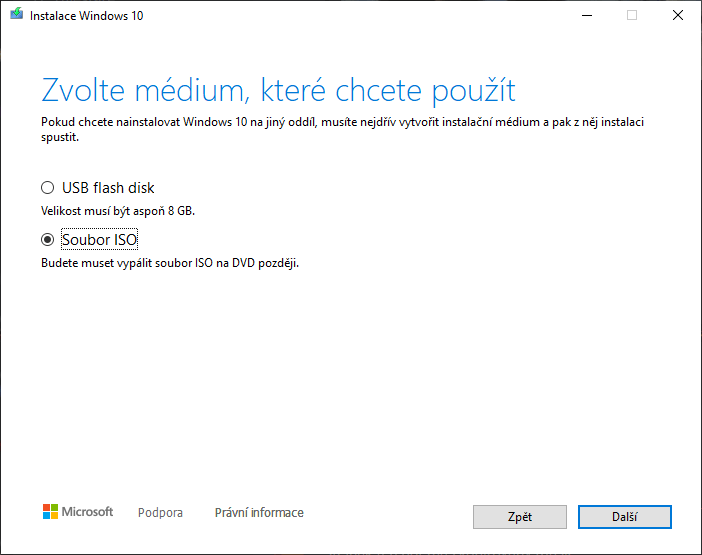 Výběr média ve Windows Media Creation Tool