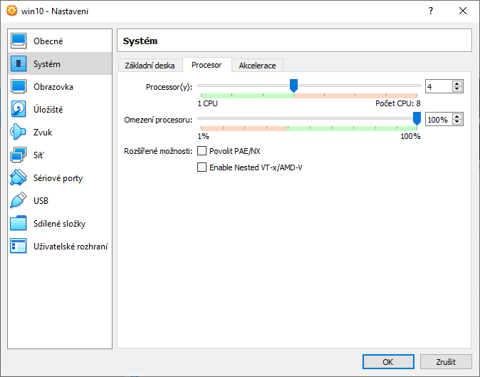 Nastavení procesoru pro VM